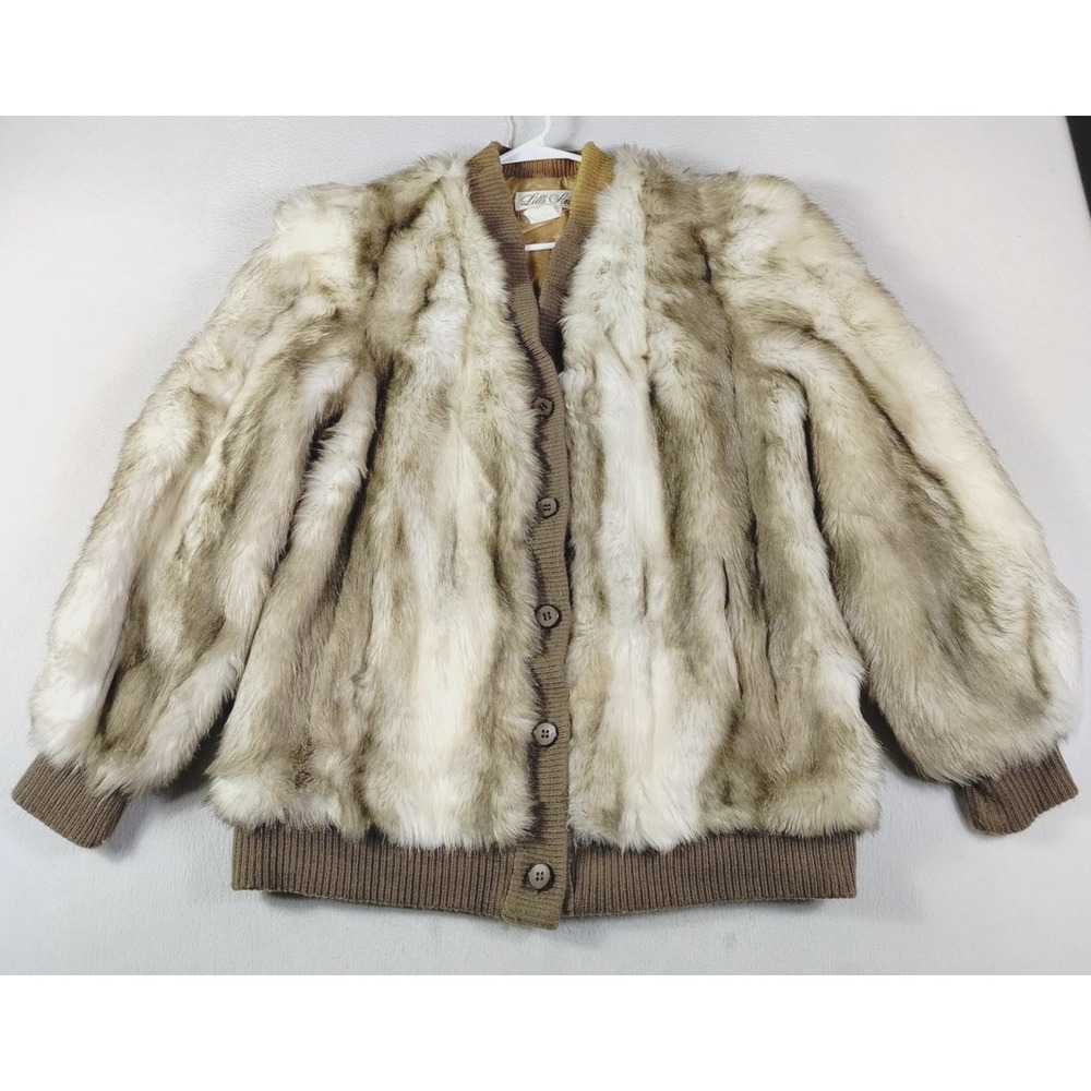 Vintage Lilli Ann Jacket Womens L/XL Beige Faux Fur Bomber Knit Trim USA Retro